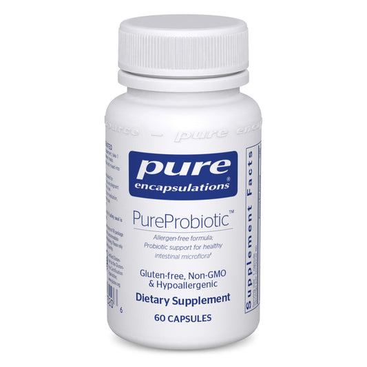 A bottle of Pure Encapsulations PureProbiotic dietary supplement with 60 capsules, labeled as gluten-free, non-GMO, and hypoallergenic.