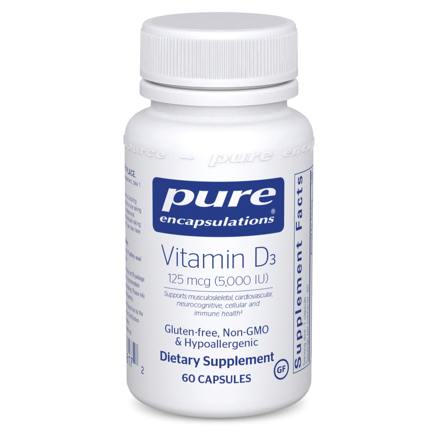 A bottle of Pure Encapsulations Vitamin D3 supplement with 60 capsules, marked with 125 mcg (5,000 IU) dosage.