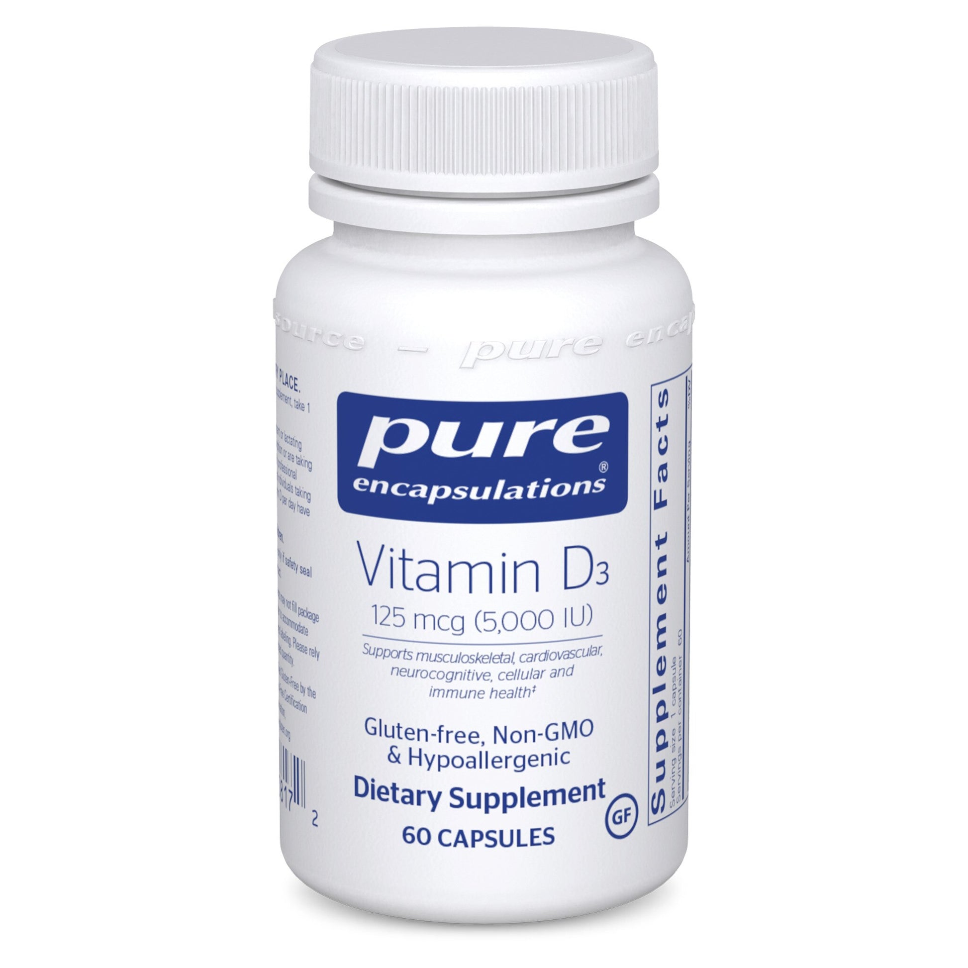 A bottle of Pure Encapsulations Vitamin D3 supplement with 60 capsules, marked with 125 mcg (5,000 IU) dosage.