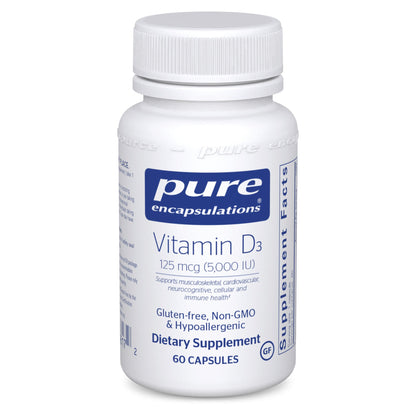 A bottle of Pure Encapsulations Vitamin D3 supplement with 60 capsules, marked with 125 mcg (5,000 IU) dosage.