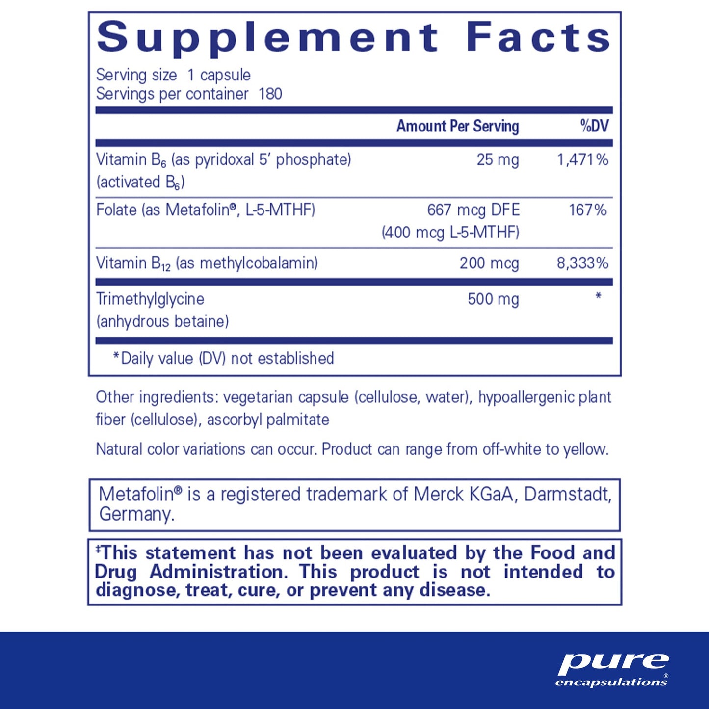 Supplement facts for 'Pure Encapsulations Homocysteine Factors