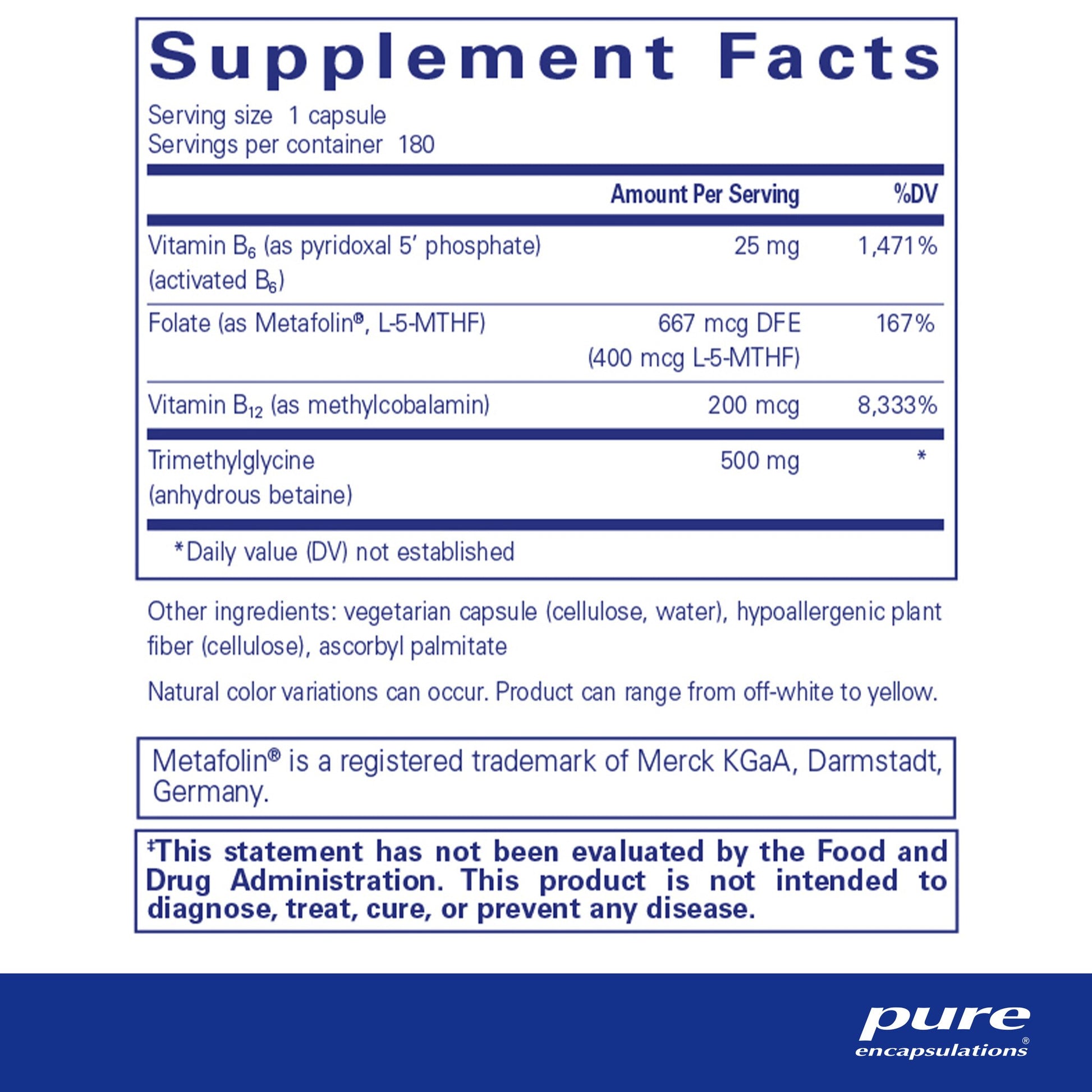Supplement facts for 'Pure Encapsulations Homocysteine Factors