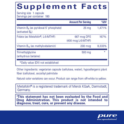 Supplement facts for 'Pure Encapsulations Homocysteine Factors