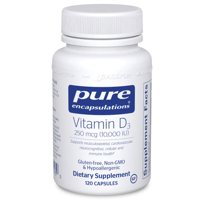 A bottle of Pure Encapsulations Vitamin D3 supplement with 120 capsules, labeled with the brand's logo and product information.