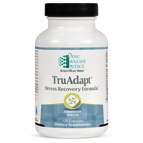 A bottle of OrthoMolecular Products TruAdapt Stress Recovery Formula, which contains 120 capsules. The label is predominantly white and blue, with the product name clearly displayed.