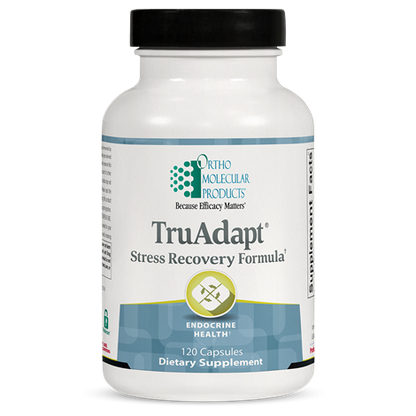A bottle of OrthoMolecular Products TruAdapt Stress Recovery Formula, which contains 120 capsules. The label is predominantly white and blue, with the product name clearly displayed.