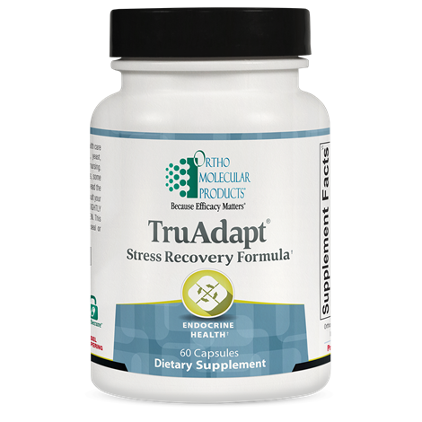 A bottle of OrthoMolecular Products TruAdapt Stress Recovery Formula, which contains 60 capsules. The label is predominantly white and blue, with the product name clearly displayed.