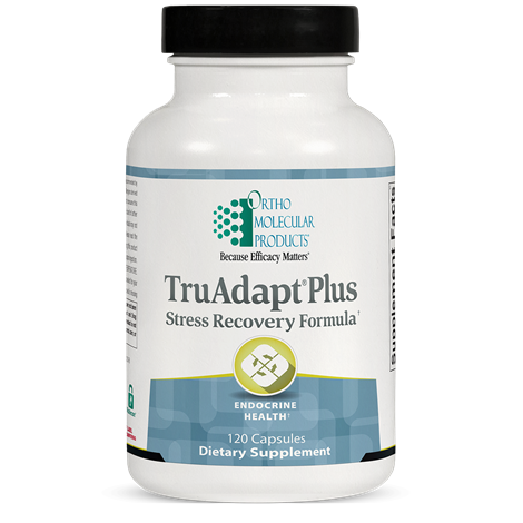 A bottle of OrthoMolecular Products TruAdapt Plus Stress Recovery Formula, with 120 capsules, in a white container with green and blue label.