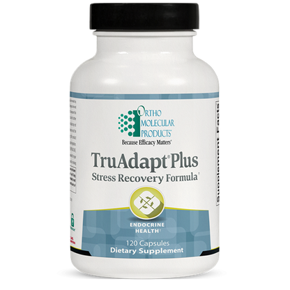 A bottle of OrthoMolecular Products TruAdapt Plus Stress Recovery Formula, with 120 capsules, in a white container with green and blue label.