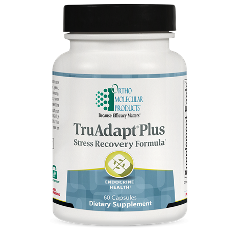 A bottle of OrthoMolecular Products TruAdapt Plus Stress Recovery Formula, with 60 capsules, in a white container with green and blue label.