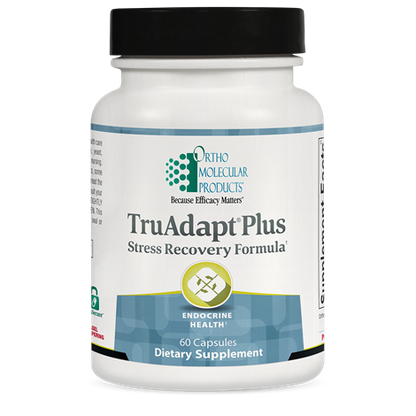 A bottle of OrthoMolecular Products TruAdapt Plus Stress Recovery Formula, with 60 capsules, in a white container with green and blue label.