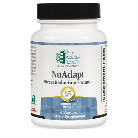 A bottle of OrthoMolecular Products NuAdapt Stress Reduction Formula, containing 60 capsules, with a white and blue label.