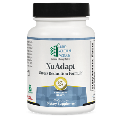A bottle of OrthoMolecular Products NuAdapt Stress Reduction Formula, containing 60 capsules, with a white and blue label.