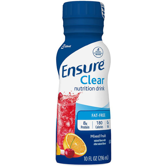Ensure Clear nutrition drink bottle with blue and white design on a white background