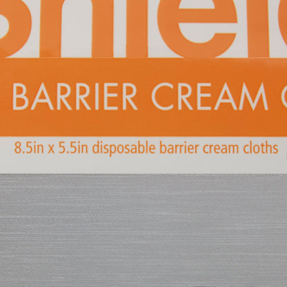 Disposable barrier cream cloths packaging with text on an orange and gray background