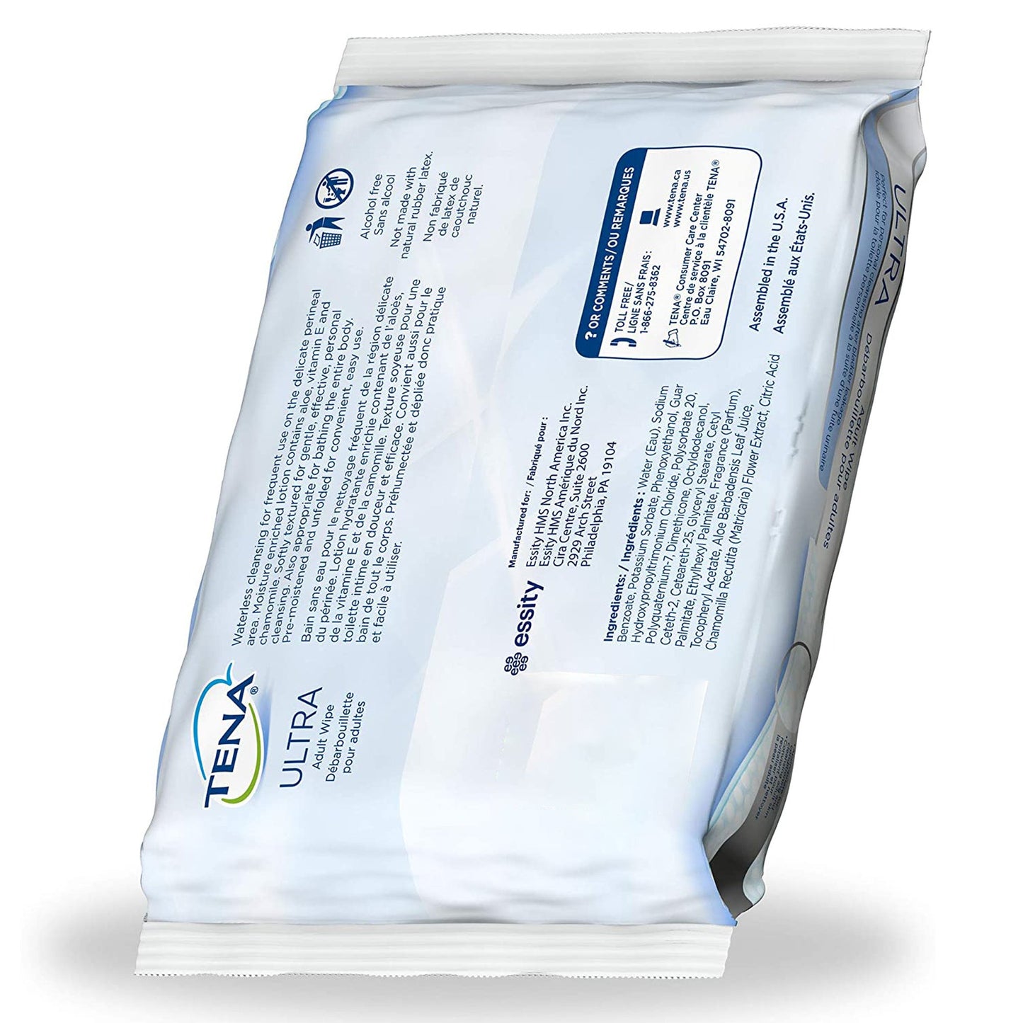 Pack of TENA Ultra adult wipes with branding on a white background