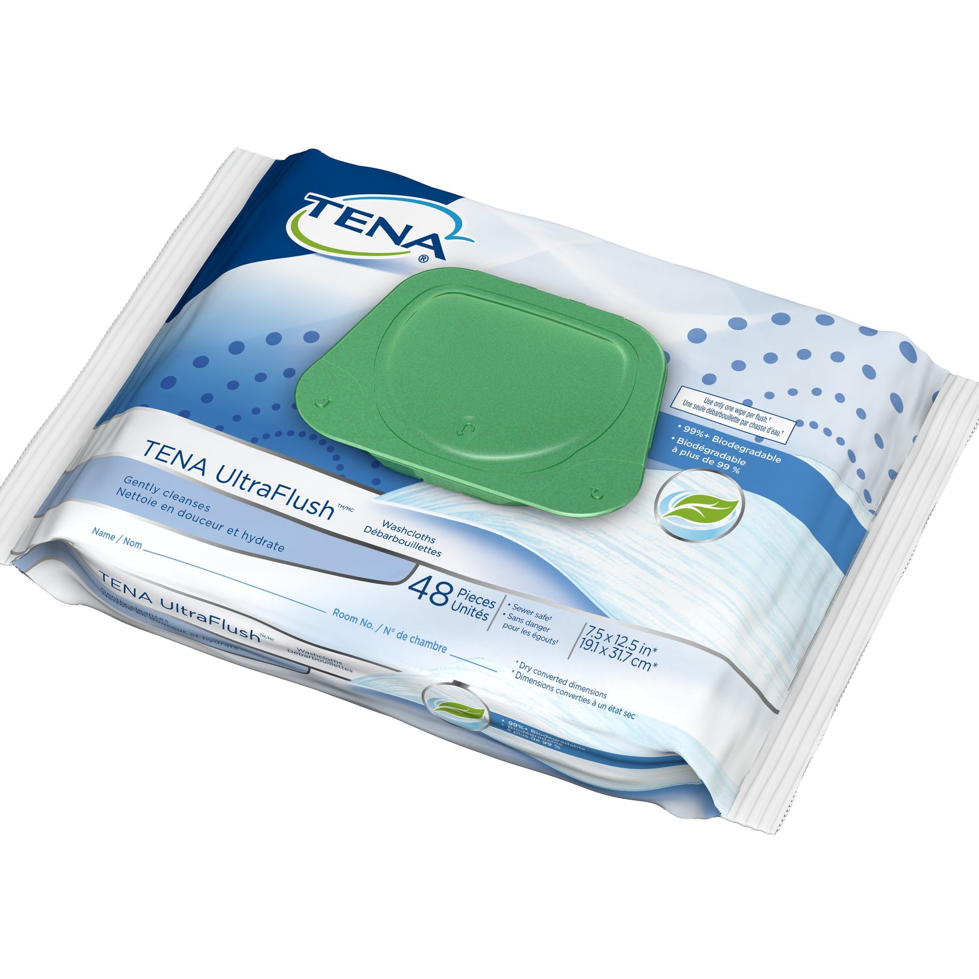 TENA UltraFlush product packaging with a green lid on a white background