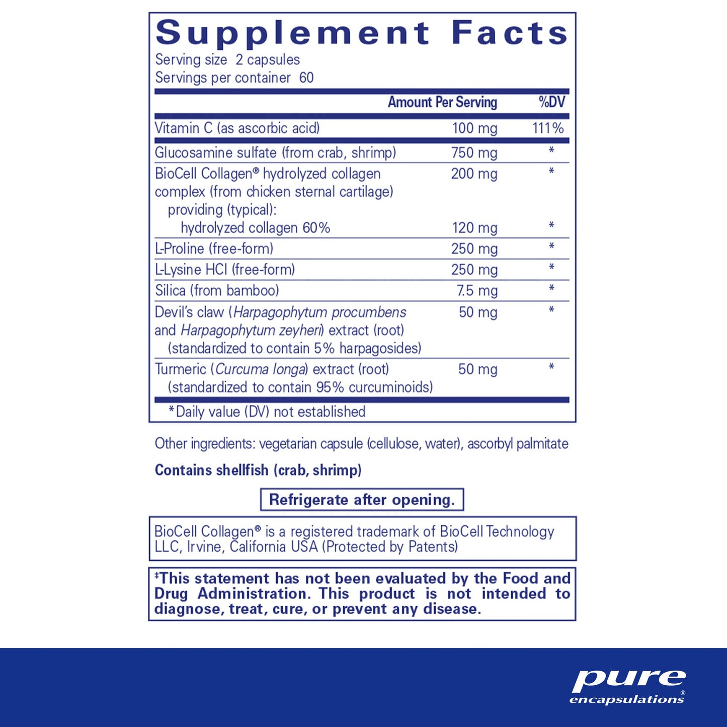 Supplement facts and ingredient information for a bottle of Pure Encapsulations Ligament Restore dietary supplement 