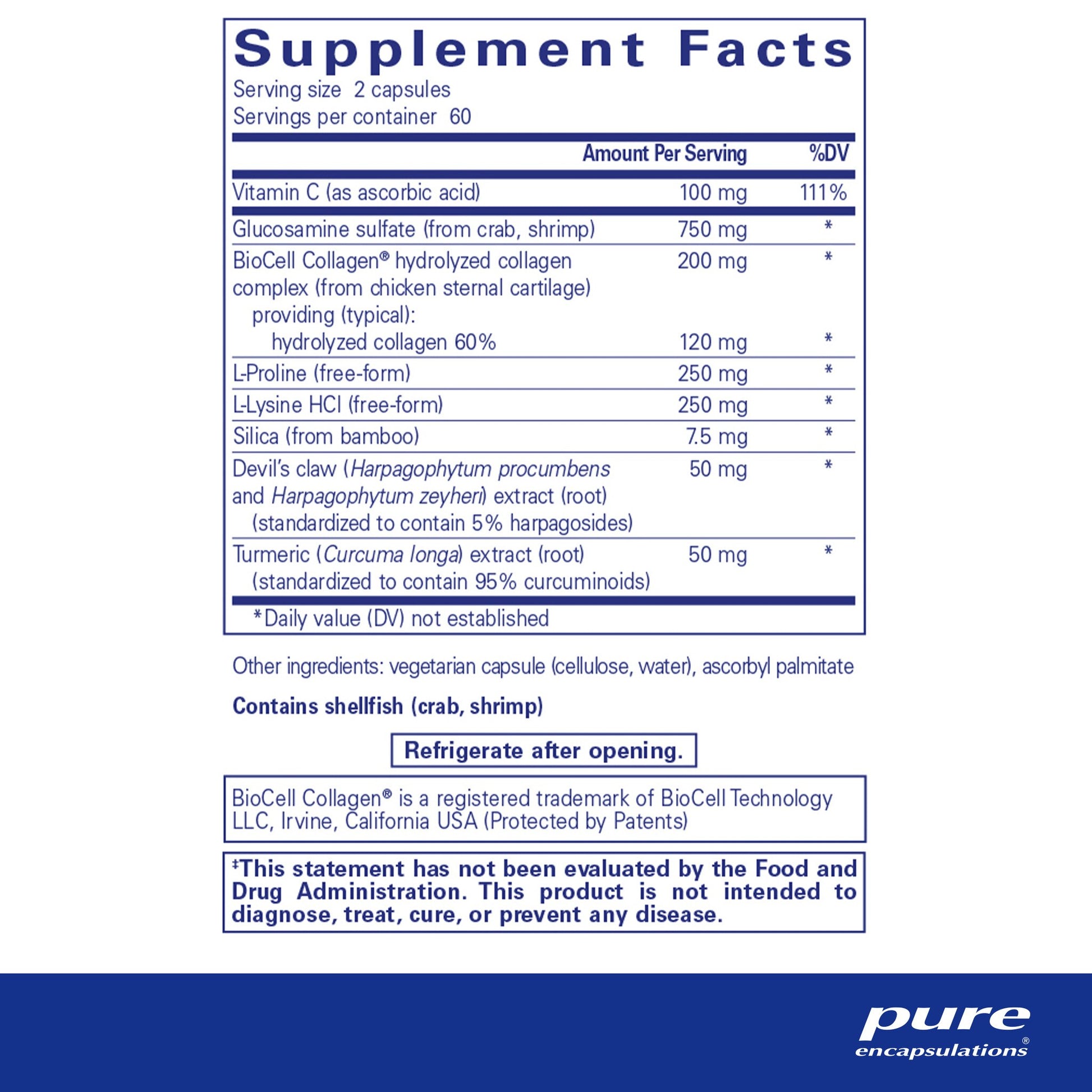 Supplement facts and ingredient information for a bottle of Pure Encapsulations Ligament Restore dietary supplement 