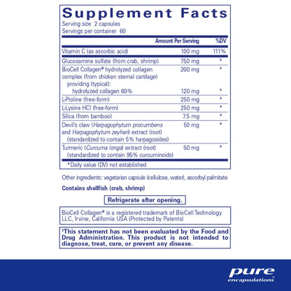 Supplement facts and ingredient information for a bottle of Pure Encapsulations Ligament Restore dietary supplement 