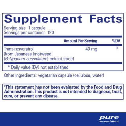 Supplement facts and ingredient information for a bottle of Pure Encapsulations Resveratrol dietary supplement 