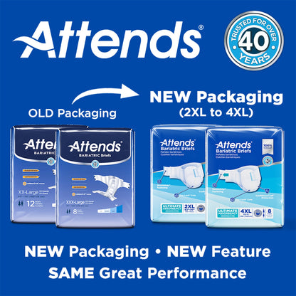 Attends bariatric brief packaging comparison with old and new packaging on a blue background