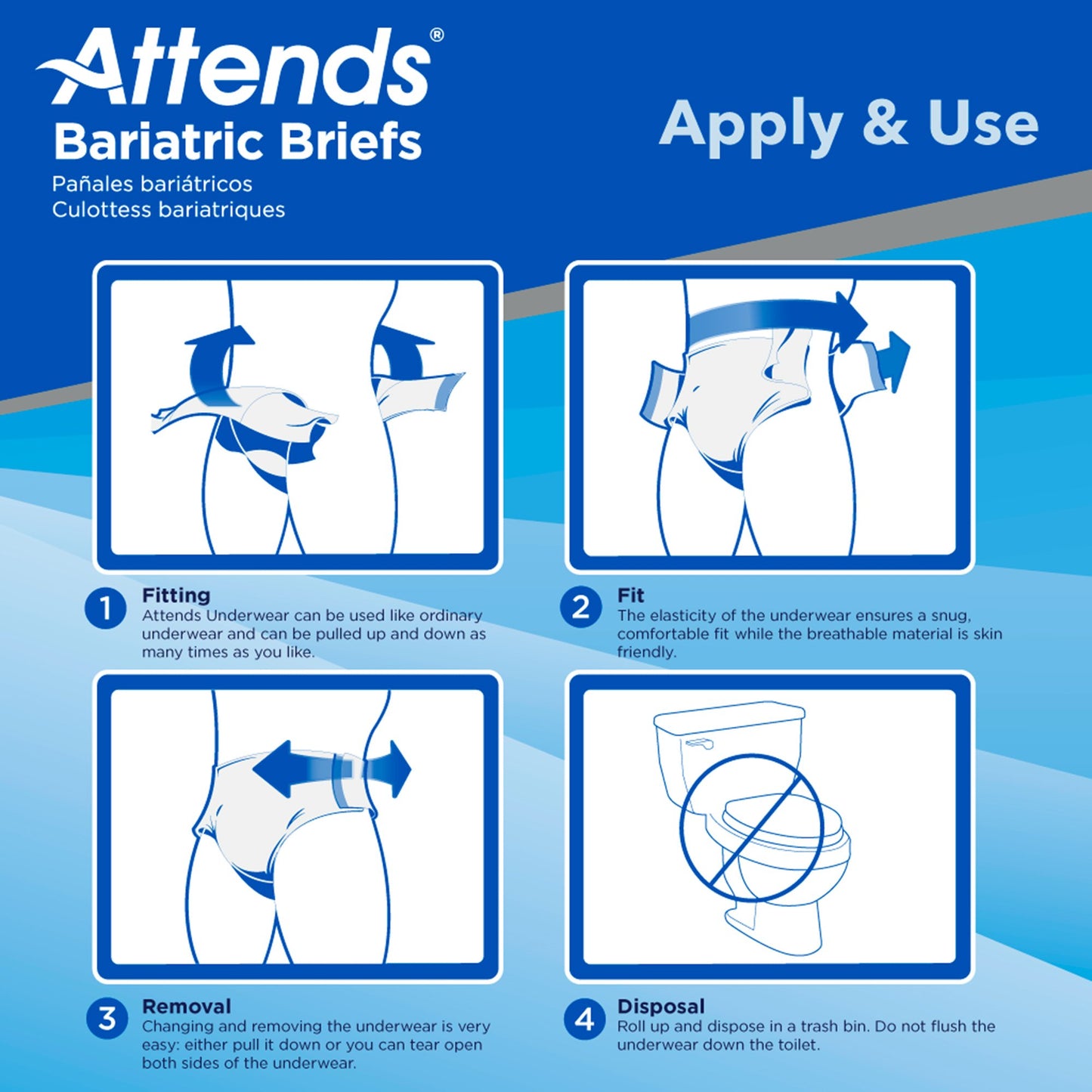 Instructions for Attends Bariatric Briefs on a blue background