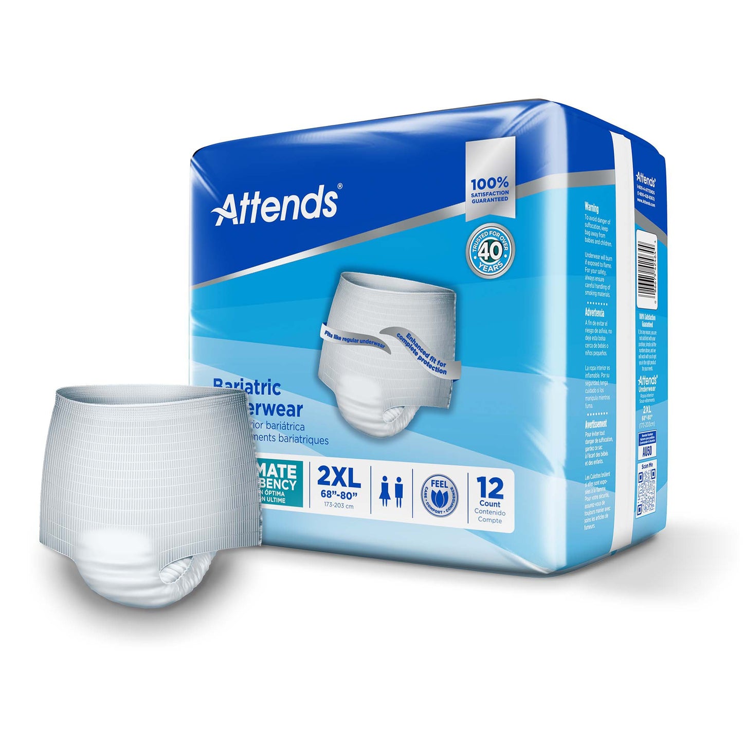 Attends bariatric underwear packaging on a white background, with a picture of a white diaper next to it.