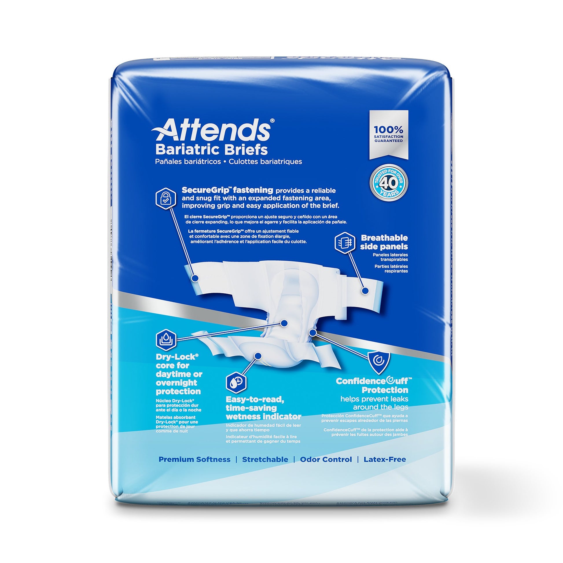Package of Attends Bariatric Briefs with blue and white design on a white background