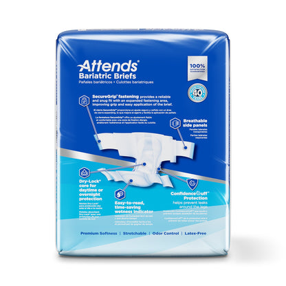 Package of Attends Bariatric Briefs with blue and white design on a white background