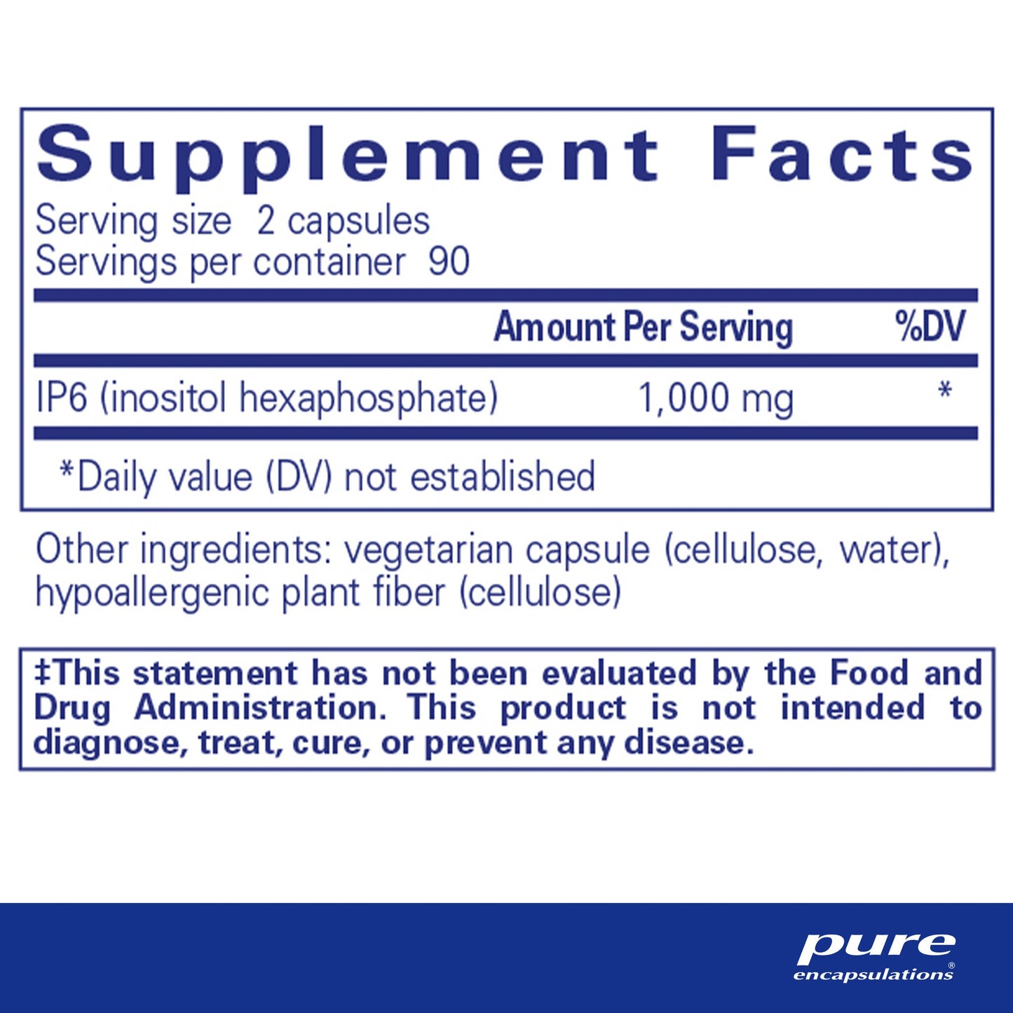 Supplment facts and ingredient information for a bottle for a  bottle of Pure Encapsulations IP6 (inositol hexaphosphate)