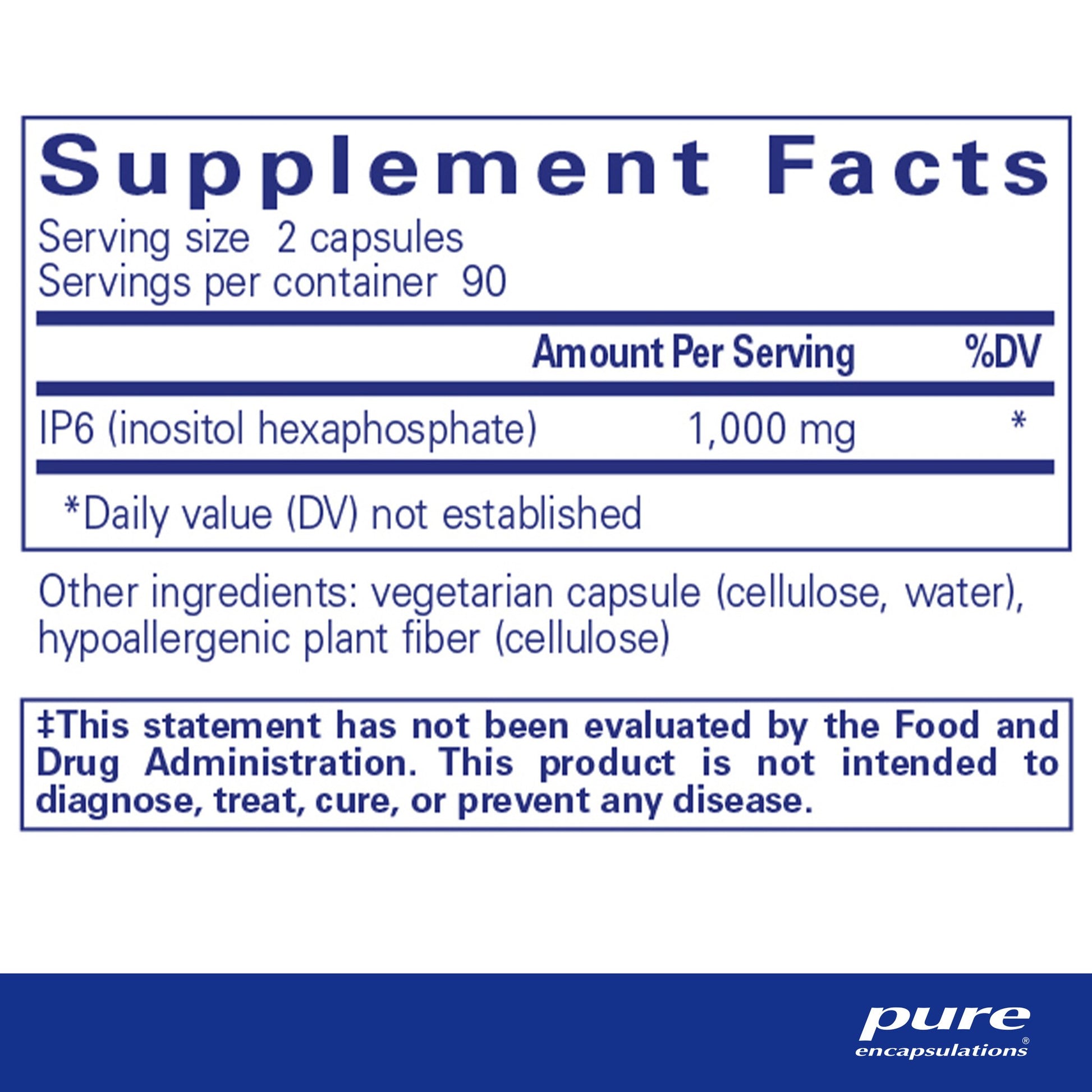 Supplment facts and ingredient information for a bottle for a  bottle of Pure Encapsulations IP6 (inositol hexaphosphate)