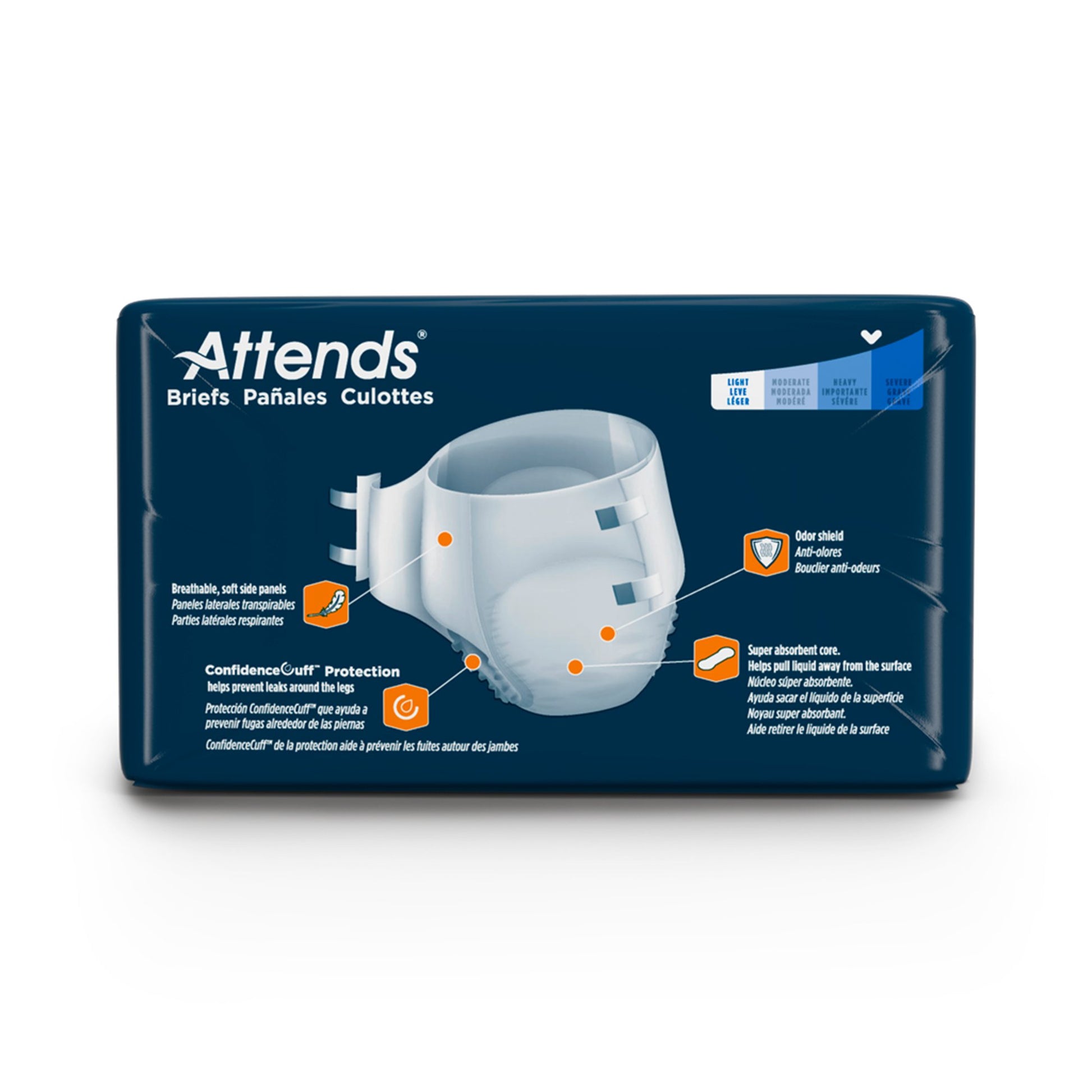 Attends product packaging for adult diapers on a white background
