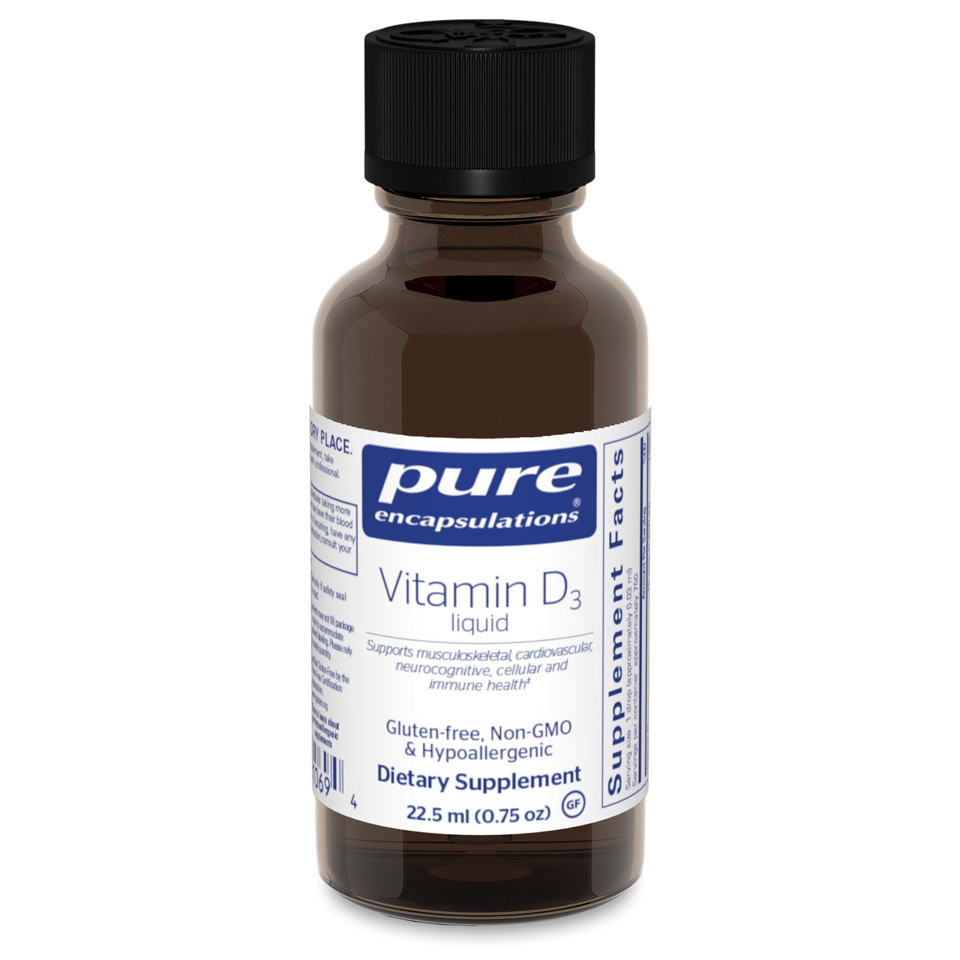 A bottle of Pure Encapsulations Vitamin D3 liquid dietary supplement.