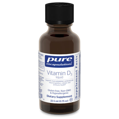 A bottle of Pure Encapsulations Vitamin D3 liquid dietary supplement.