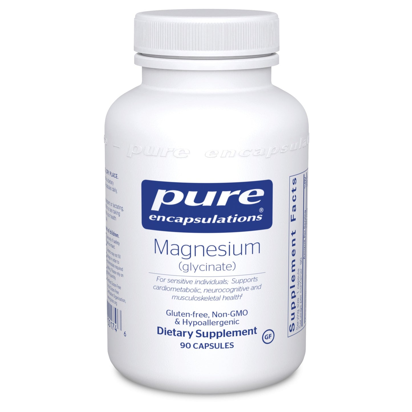A bottle of Pure Encapsulations Magnesium (glycinate) dietary supplement containing 90 capsules.