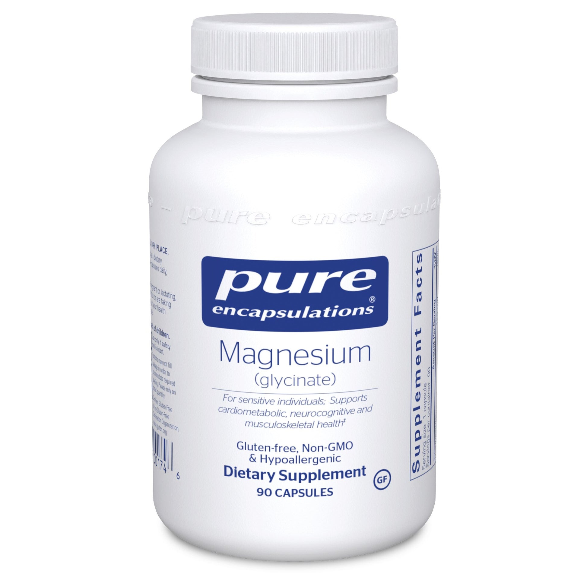 A bottle of Pure Encapsulations Magnesium (glycinate) dietary supplement containing 90 capsules.
