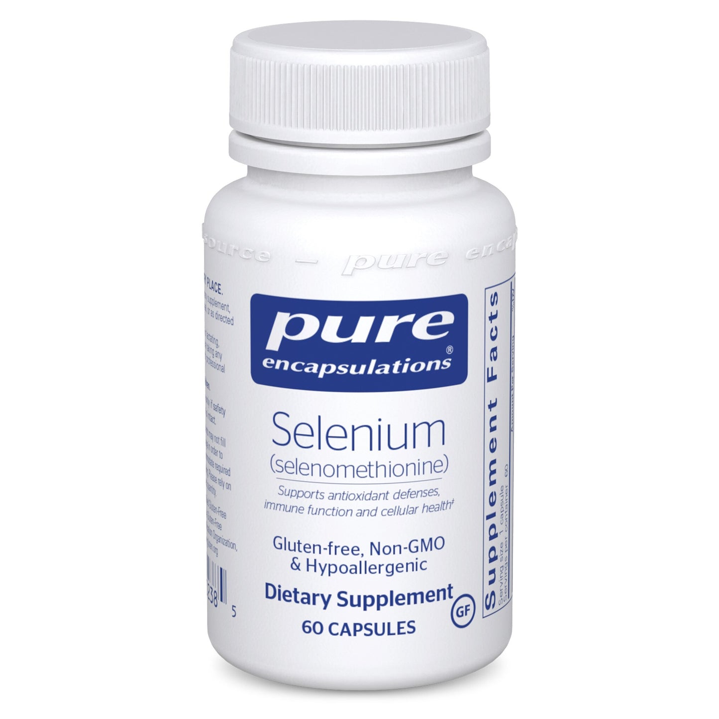 A bottle of Pure Encapsulations Selenium (selenomethionine) dietary supplement with 60 capsules.