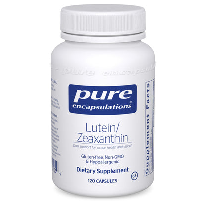 A bottle of Pure Encapsulations Lutein/Zeaxanthin dietary supplement with 120 capsules, labeled as gluten-free, non-GMO, and hypoallergenic.