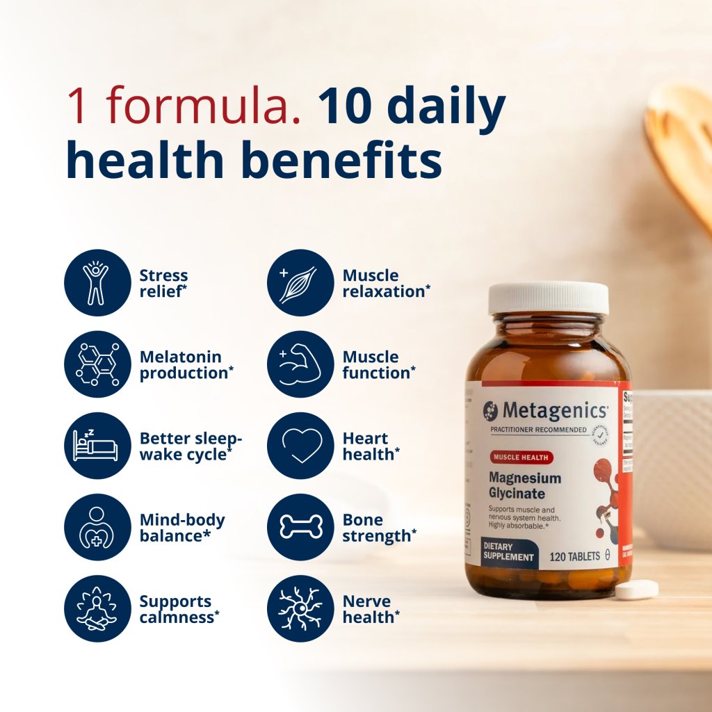 A list of 10 benefits for Metagenics Magnesium Glycinate.