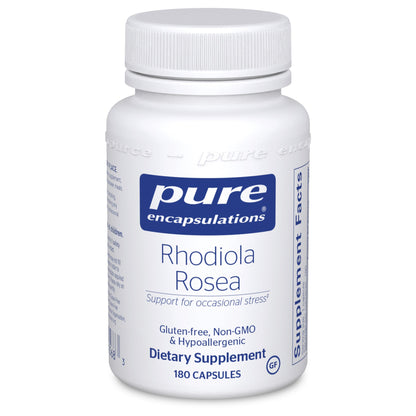 A bottle of Pure Encapsulations Rhodiola Rosea dietary supplement, with 180 capsules, Gluten-free, Non-GMO, and Hypoallergenic.