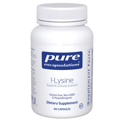 A bottle of Pure Encapsulations l-Lysine dietary supplement containing 90 capsules, with labels indicating it supports immune function, is gluten-free, non-GMO, and hypoallergenic.