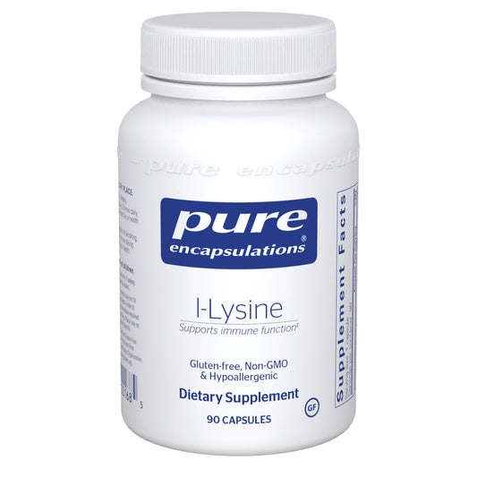 A bottle of Pure Encapsulations l-Lysine dietary supplement containing 90 capsules, with labels indicating it supports immune function, is gluten-free, non-GMO, and hypoallergenic.