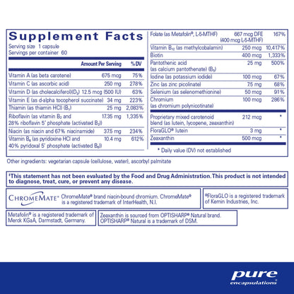 Supplement facts and ingredient information for a bottle of Pure Encapsulations Multi t/d dietary supplement.