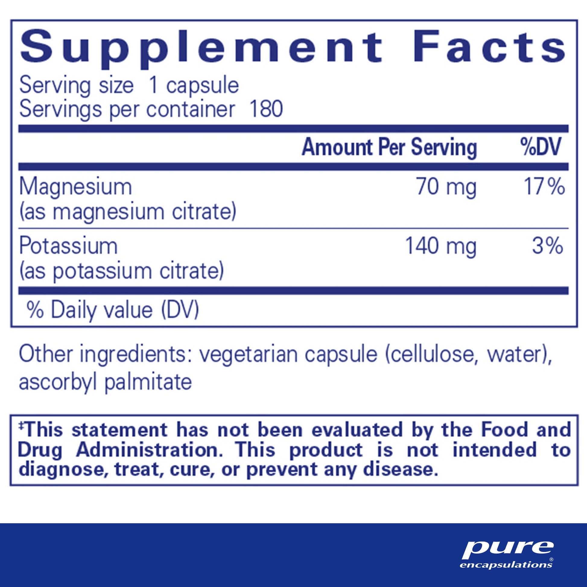 Supplement facts and ingredient information for a bottle of Pure Encapsulations Potassium Magnesium (citrate) capsules.