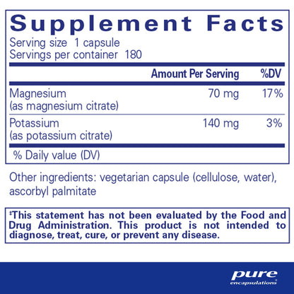 Supplement facts and ingredient information for a bottle of Pure Encapsulations Potassium Magnesium (citrate) capsules.