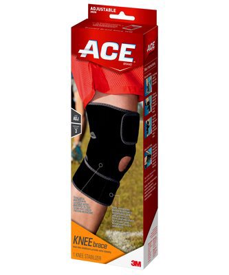 Packaging for a black knee brace with adjustable strap closure, labeled as ACE One Size Fits Most Knee Brace.
