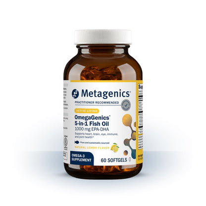 A bottle of Metagenics OmegaGenics 5 in 1 Fish Oil with a natiral lemon,  flavor.  60 softgels