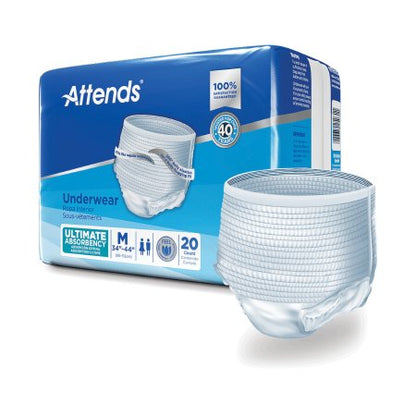 Packaging for Attends unisex adult absorbent underwear with a visible tear-away seam design, indicating heavy absorbency.