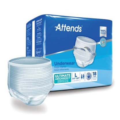 Packaging for Attends unisex adult absorbent underwear with a visible tear-away seam design, indicating heavy absorbency.
